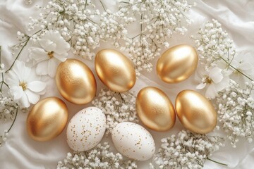 Obraz premium Colorful gold and white decorated Easter eggs on a bed of flowers. A festive celebration symbol.