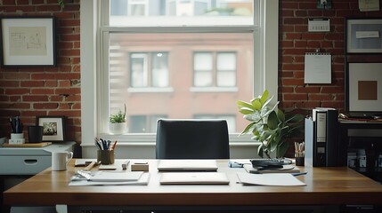 Fototapeta premium Modern Home Office Workspace with Brick Wall and Natural Light