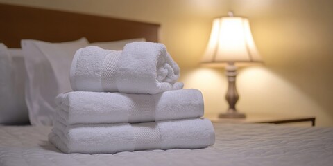 Pile of fresh towels on a bed in a hotel room. The arrangement is neat and inviting, symbolizing the hospitality standard of cleanliness and comfort.