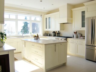 Bright kitchen with white cabinets, stainless steel appliances, and spacious island
