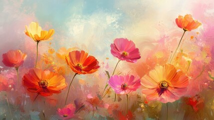 Fototapeta premium Impressionist blooming flowers illustration poster background