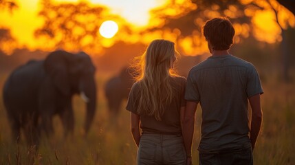 Couple Enjoying Sunset While Viewing Elephants in Natural Habitat