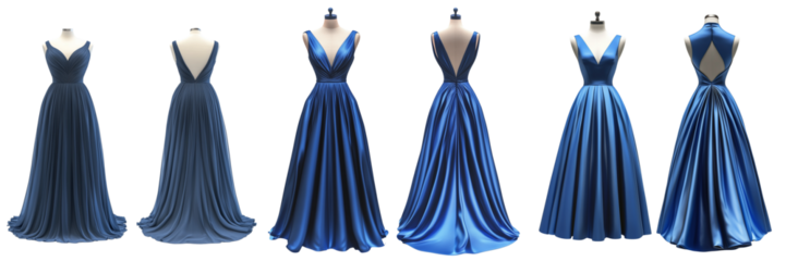 Set of A young woman poses in a stunning Sarahbridal prom evening gown on transparent png background. Ai generated
