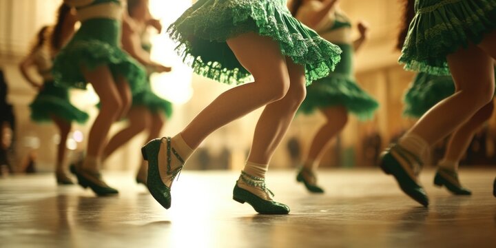 A group of dancers in traditional Irish costumes performing a lively step dance, showcasing their coordination and skill.
