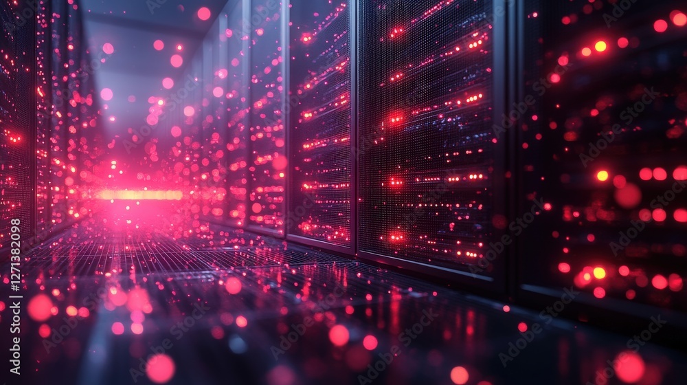 Poster digital network infrastructure with glowing lights and data flow