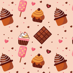 Playful Assorted Desserts and Heart Shapes Seamless Pattern on Pink Background