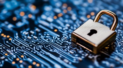 Gold padlock on a circuit board symbolizing digital security and data protection in technology : Generative AI