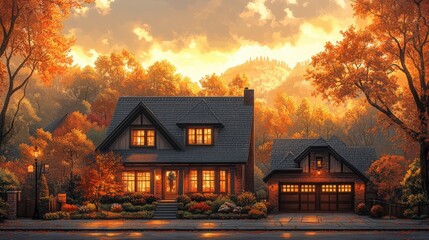 Cozy Autumn Home Surrounded by Vibrant Fall Foliage and Trees