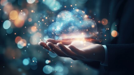 Close up of businessman hand holding glowing round cloud hologram on blurry bokeh background. Cloud computing and database concept. Double exposure