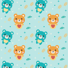 Playful Cartoon Bear Pattern on Light Blue Background with Stars and Dots