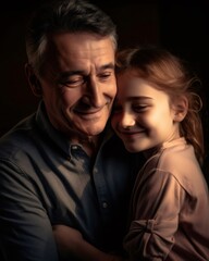 Fototapeta premium Father and daughter hugging each other with closed eyes and smiling