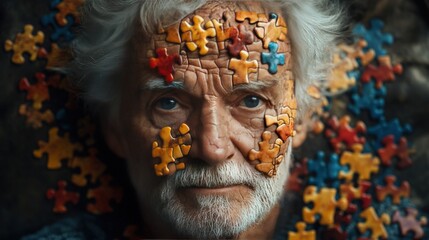 Elderly man with puzzle pieces on face representing life's complexity