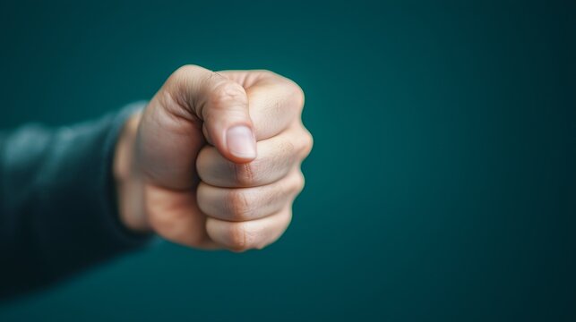 A close-up image of a clenched fist against a green background, symbolizing strength, determination, or an assertive gesture.