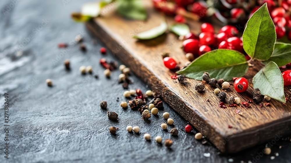 Poster fresh mixed spices and herbs scattered on dark wooden board creating a vibrant culinary display : ge