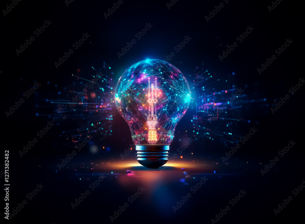 Poster a luminous light bulb made of vibrant particles shines brightly in the dark. it emits colorful light