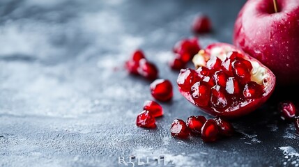 Pomegranate fruit cut in half revealing juicy bright red seeds on dark stone surface : Generative AI