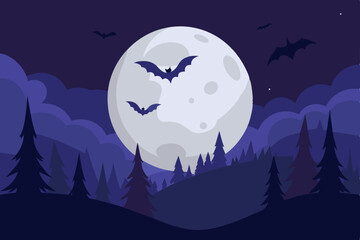 halloween background with moon and bats
