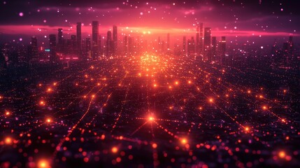 Fototapeta premium Futuristic Cityscape with Glowing Network Lights at Dusk