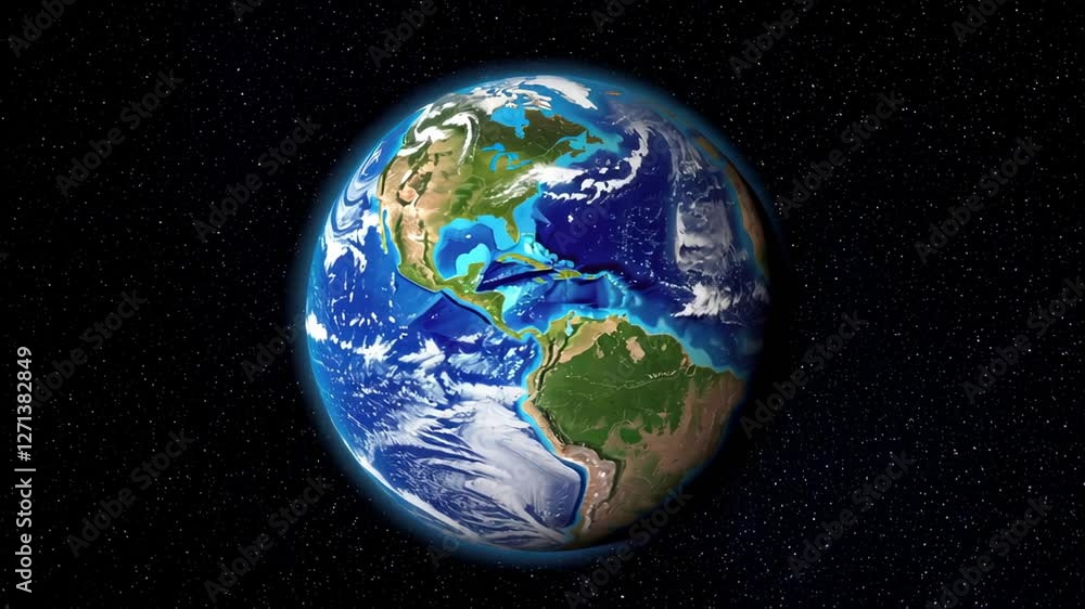 Poster earth slowly rotates in space, surrounded by a breathtaking view of stars, clouds, and continents, c
