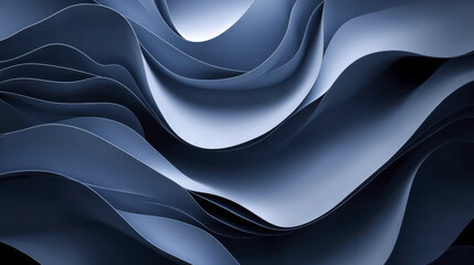 Modern abstract design featuring flowing blue waves and curves, creating sense of depth and movement. This minimalist background evokes tranquility and sophistication
