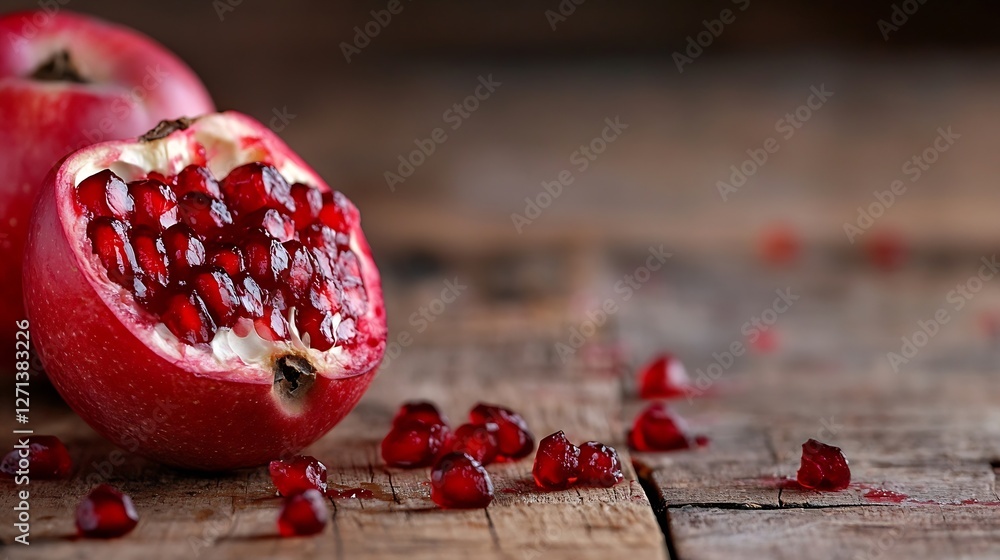 Aufkleber cut open pomegranate revealing juicy seeds on rustic wooden table background : generative ai