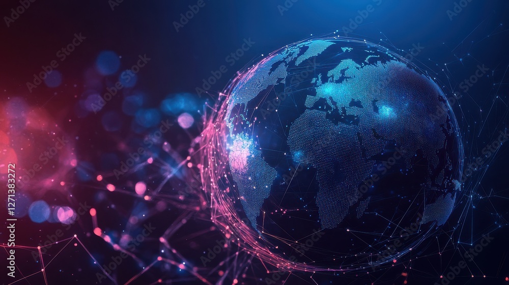 Poster blockchain technology futuristic hud background with world globe and blockchain polygon peer to peer