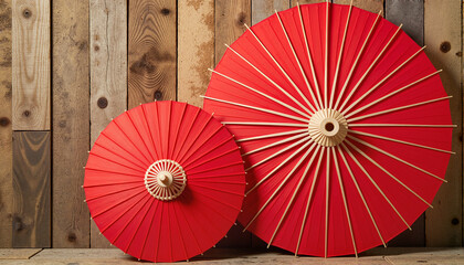 Traditional red paper umbrellas on wooden background for blogs, websites, cultural designs, stationery, decorative art, and craft projects