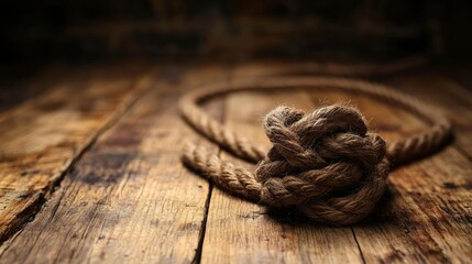 Obraz premium Rustic Rope Knot on Weathered Wooden Surface