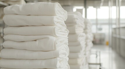 Folded white linens stacked in a laundry facility