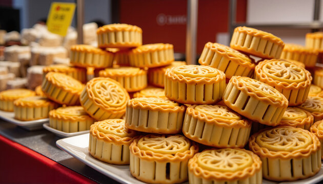 Traditional mooncakes stacked on a display for food blogs, culinary websites, festive event promotions, cultural education, and holiday celebration marketing