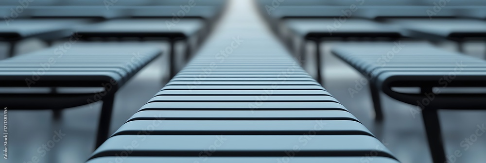 Poster a series of sleek, parallel benches with a minimalist design, creating a sense of depth and perspect