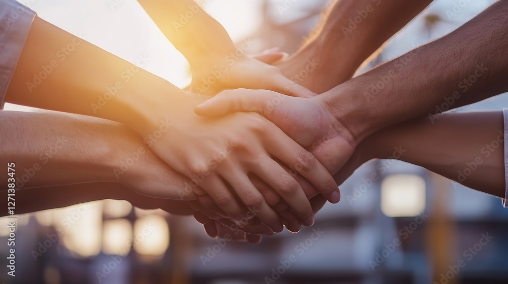 Poster diverse hands coming together symbolizing unity and collaboration in a modern environment : generati