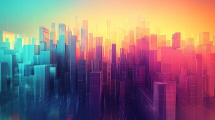 Fototapeta premium Vibrant Cityscape: A Digital Metropolis at Sunset with Colorful Buildings and Wireframe Architecture