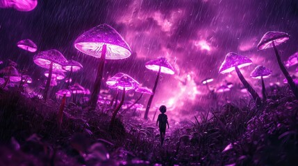 Fototapeta premium Child Walking Through Field of Giant Glowing Mushrooms at Night