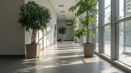 Obraz premium Bright Hallway with Potted Plants and Sunlight