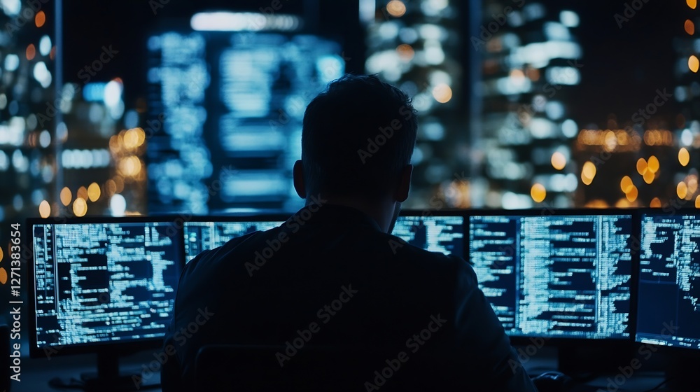 Poster Techsavvy individual analyzing data on multiple computer screens in a modern urban office at night : Generative AI
