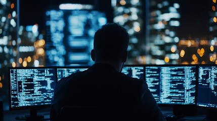 Techsavvy individual analyzing data on multiple computer screens in a modern urban office at night : Generative AI