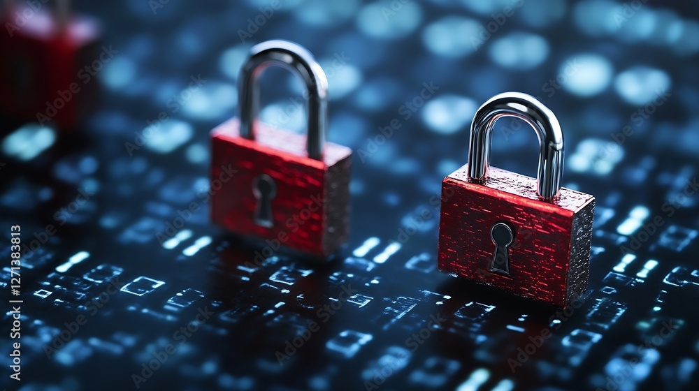 Poster Red padlocks symbolizing security and encryption against a backdrop of digital data and technology : Generative AI
