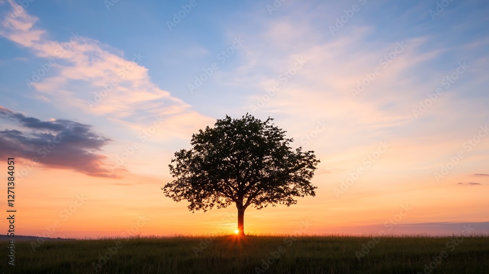 Poster isolated tree silhouette against a colorful sunset sky with streaks of clouds : generative ai