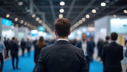 Back view of businessman in suit walking at exhibition hall event among crowd. Corporate executive attends international expo networking for partnerships in future tech industry.