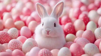 Easter bunny amidst pastel eggs, spring