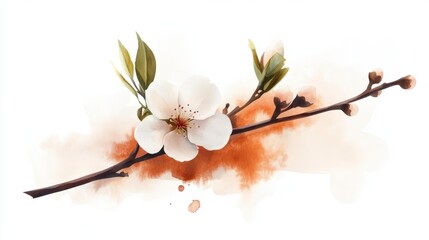 Elegant Artistic Illustration of Cherry Blossom Flower with Soft Watercolor Background and Delicate Green Leaves