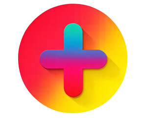 Fototapeta premium Colorful gradient plus sign icon, with vibrant red, yellow, and blue hues, isolated on a white background. Perfect for adding, increasing, or positive functions in graphic design.