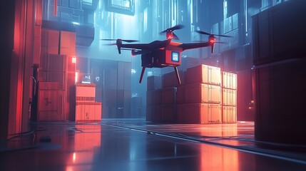 Futuristic Drone Delivery System in Modern Warehouse Neon Red Blue Lighting Advanced Technology Automated Package Shipping Futuristic Logistics       