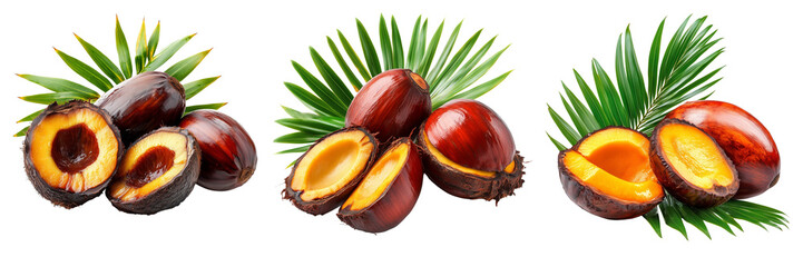 Set of Fresh oil palm fruits with a glossy red-orange hue, arranged neatly with one fruit cut in half on transparent png background. Ai generated