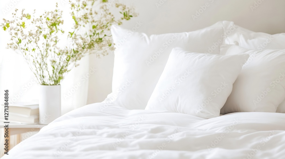 Poster Freshly made soft white bed with decorative pillows and flowers creating a serene atmosphere : Generative AI