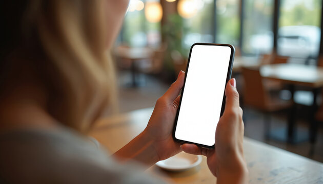 Woman holds smartphone with blank white screen in cafe. Mobile technology concept. User uses device, touch screen, modern interface. Online connection, wireless, cellular. App template mock-up for