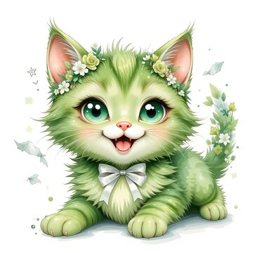 recommend clip art: cute green funny kitten. Illustration of an animal.