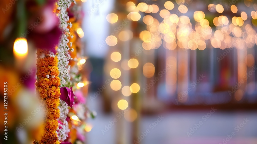 Poster beautifully decorated backdrop with vibrant flowers and twinkling lights creating a festive atmosphe