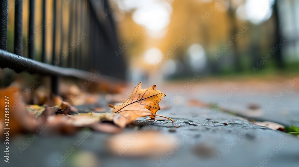 Poster Close up view of an autumn leaf resting on a stone path surrounded by fallen leaves in a beautiful natural setting : Generative AI